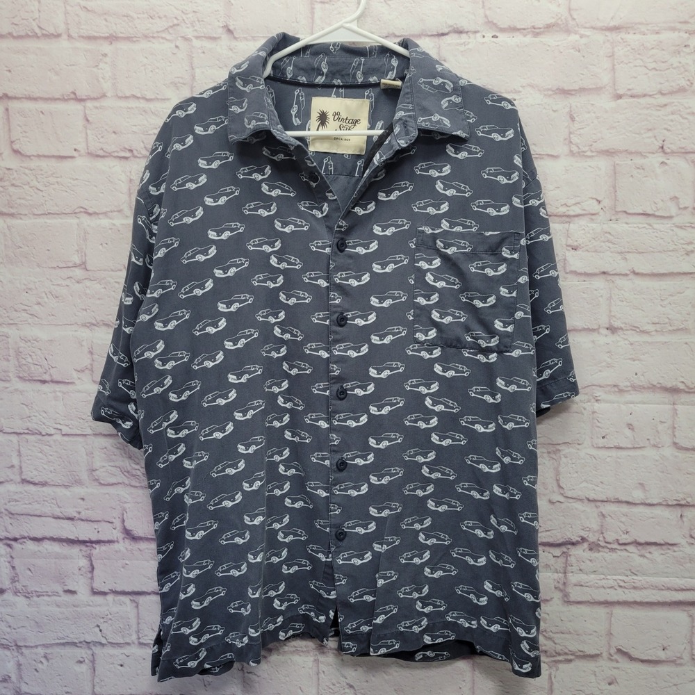 Vintage Silk Car Print Button Camp Shirt XL Short Sleeve Retro Casual Y2K Summer